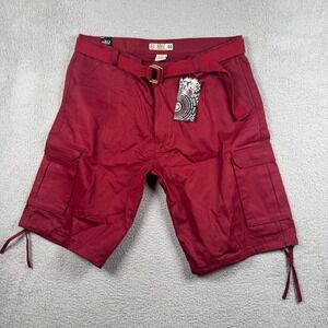 NWT Noiz Premium Jeans Men's Cargo Shorts Size 44 Burgundy Red Belted Cotton Y2K